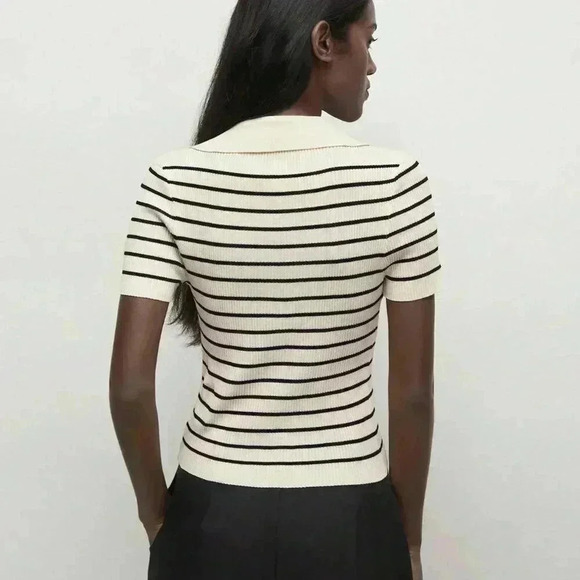 Apricot Casual Women's Lapel Striped Button Knitted Sweater - Picture 3 of 7